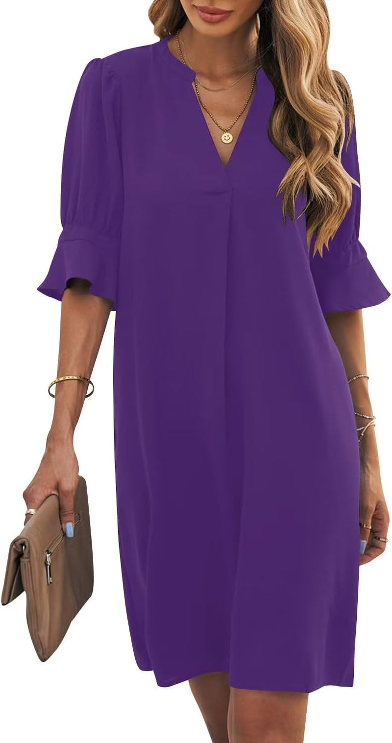 Shift Dress for Women V Neck Short Sleeves Solid Color Casual Flowy Summer Dresses(S-2Xl)