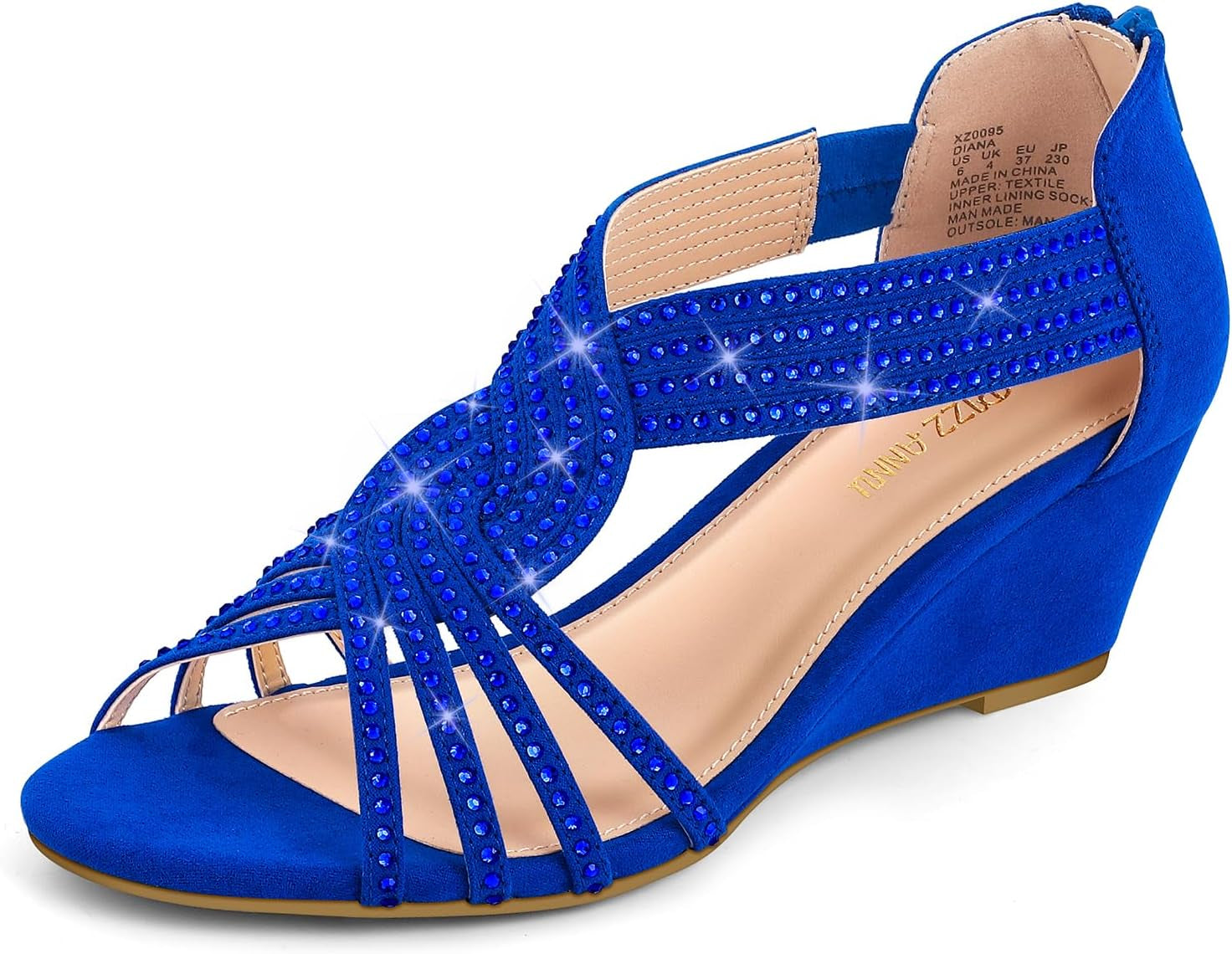 Women'S Diana Low Wedge Sandals Sparkly Rhinestone Open Toe Fashion Dress Shoes for Woman Lady in Bridal Dance Evening