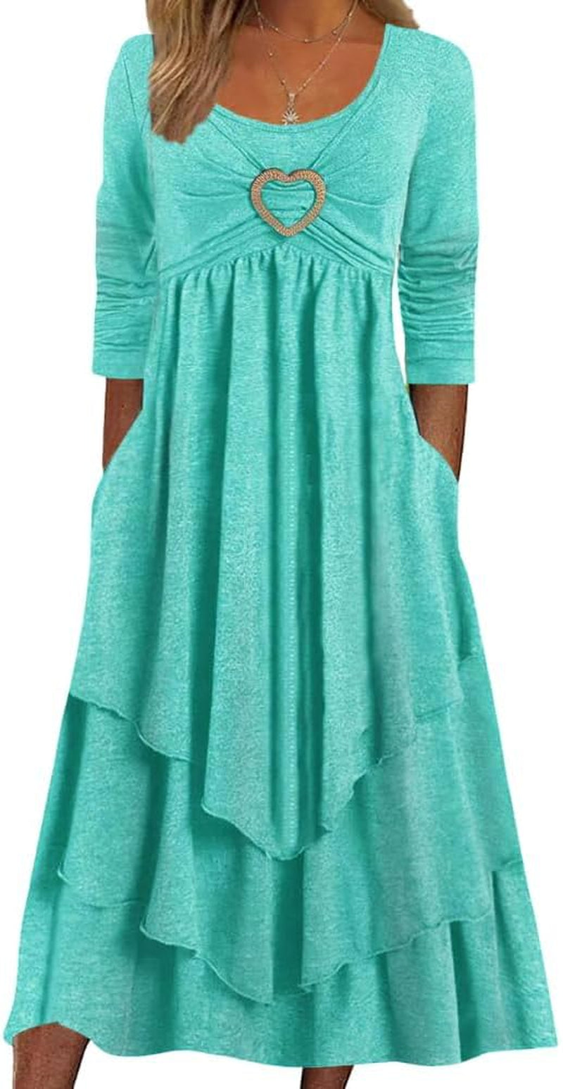 Womens Wedding Guest Maxi Dresses Spring Long Sleeve Flowy Dress Layered Irregular Hem Swing Dress with Pockets