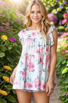 Heimish Full Size Butterfly Short Sleeve round Neck Floral Print Tiered Top plus Size