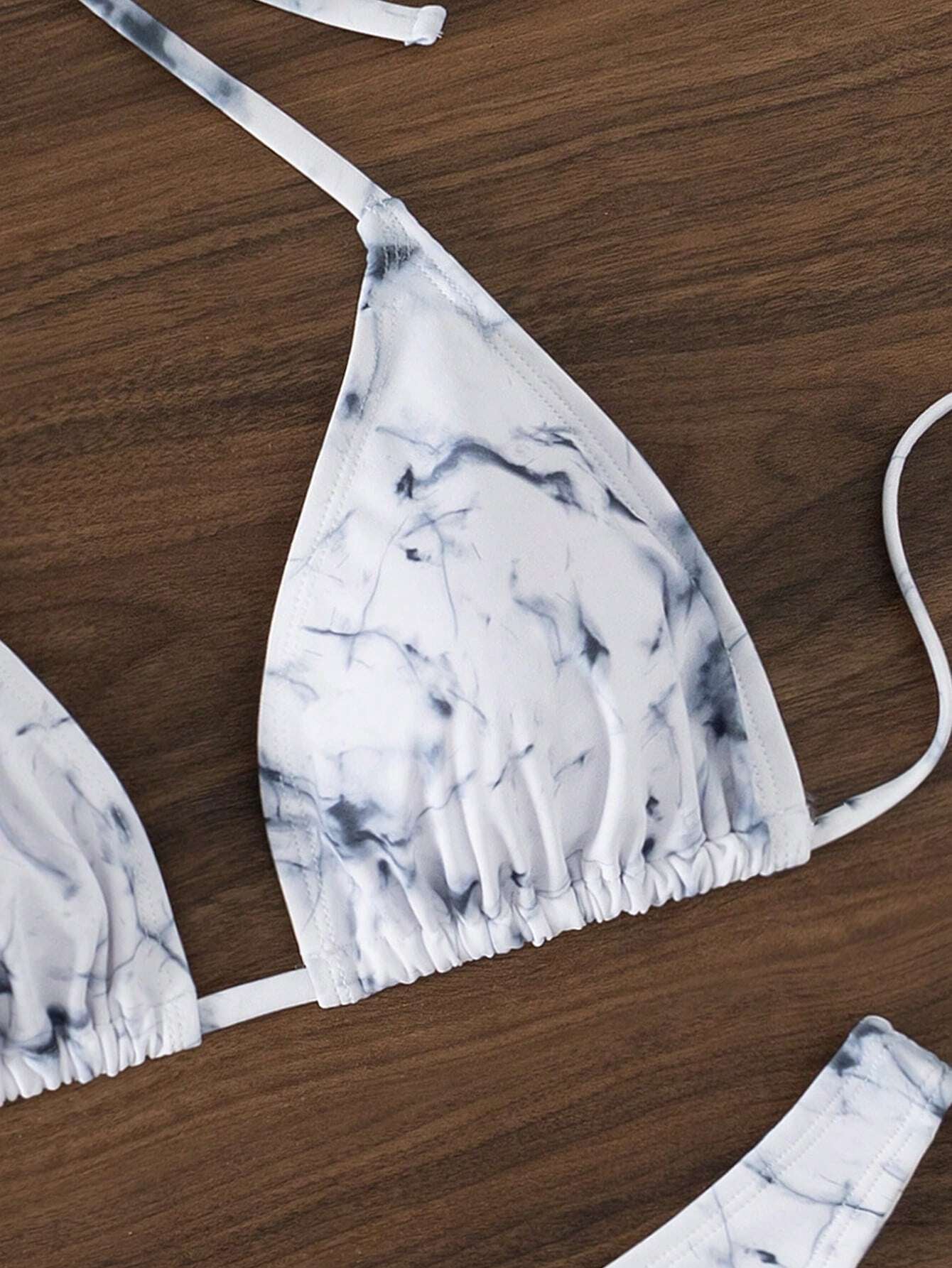 SHEIN Swim Summer Beach Marble Print Halter Triangle Bikini Set