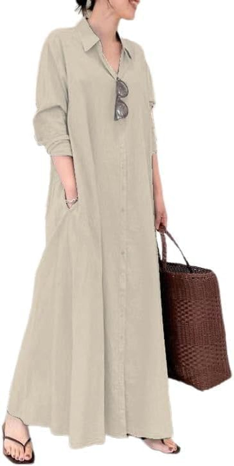 Womens Button down Cotton Linen Dress Long Sleeve Shirt Dress with Pockets