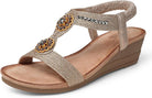 Womens Wedge Sandals Flower Low Heel Dressy Sandals Elastic Ankle Strap Rhinestone Summer Comfortable Shoe