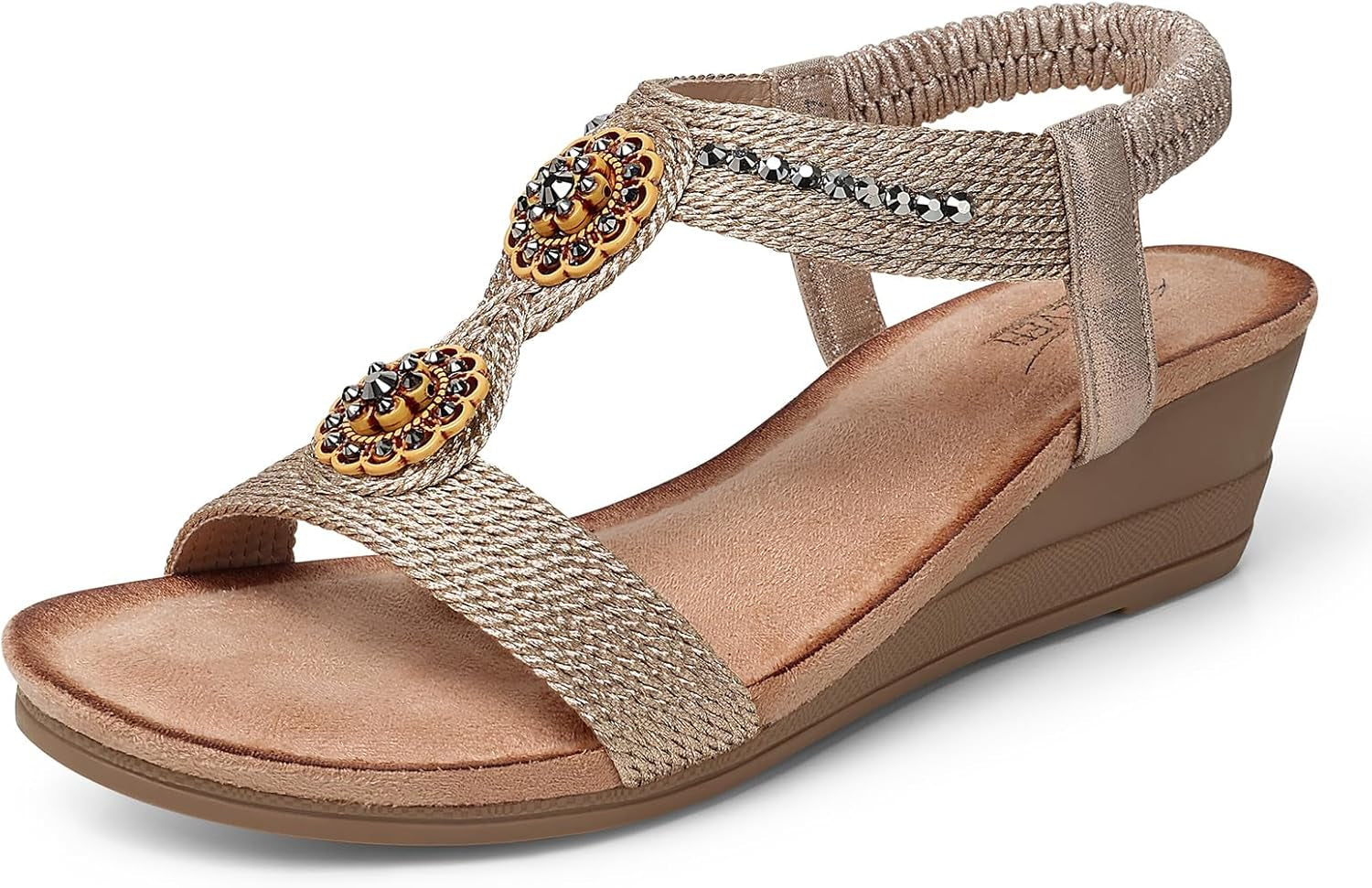 Womens Wedge Sandals Flower Low Heel Dressy Sandals Elastic Ankle Strap Rhinestone Summer Comfortable Shoe