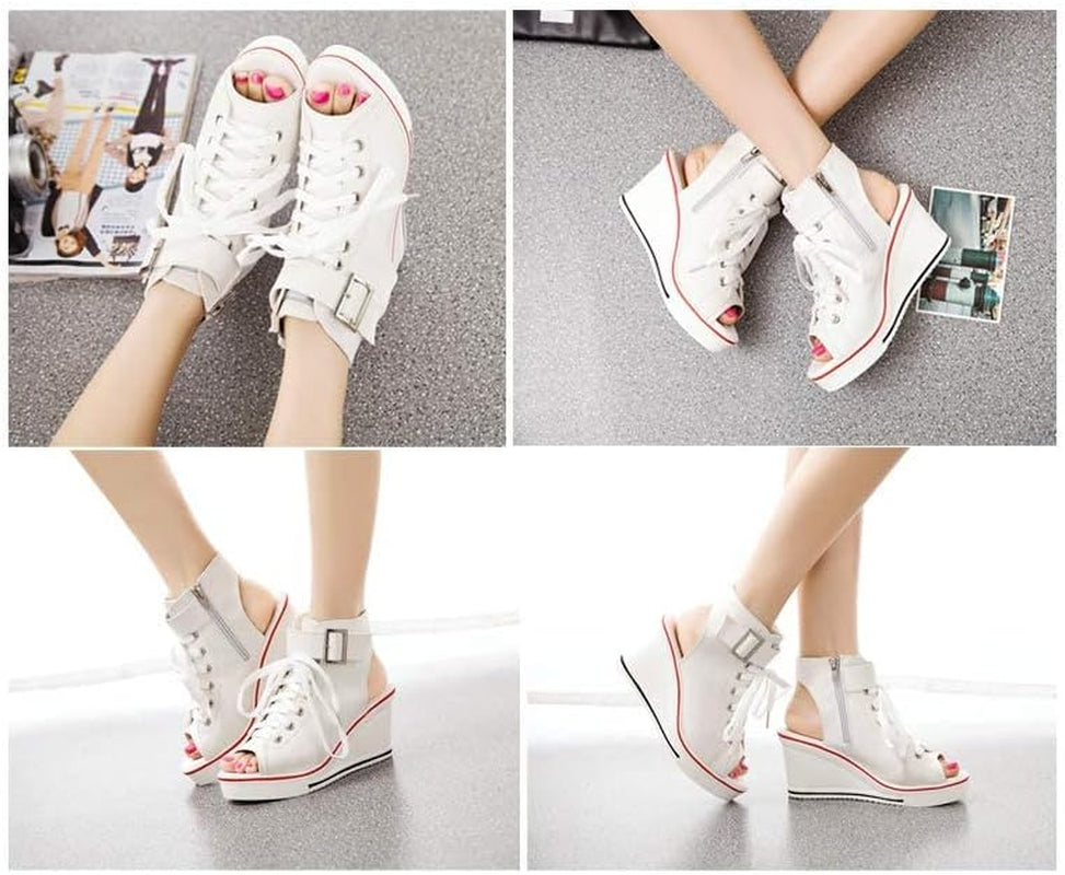 Women'S Peep Toe Canvas Wedge Heeled Platform Fashion Sneaker