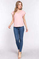 ACTIVE BASIC Lace Trim V-Neck Ribbed Top with Short Sleeves