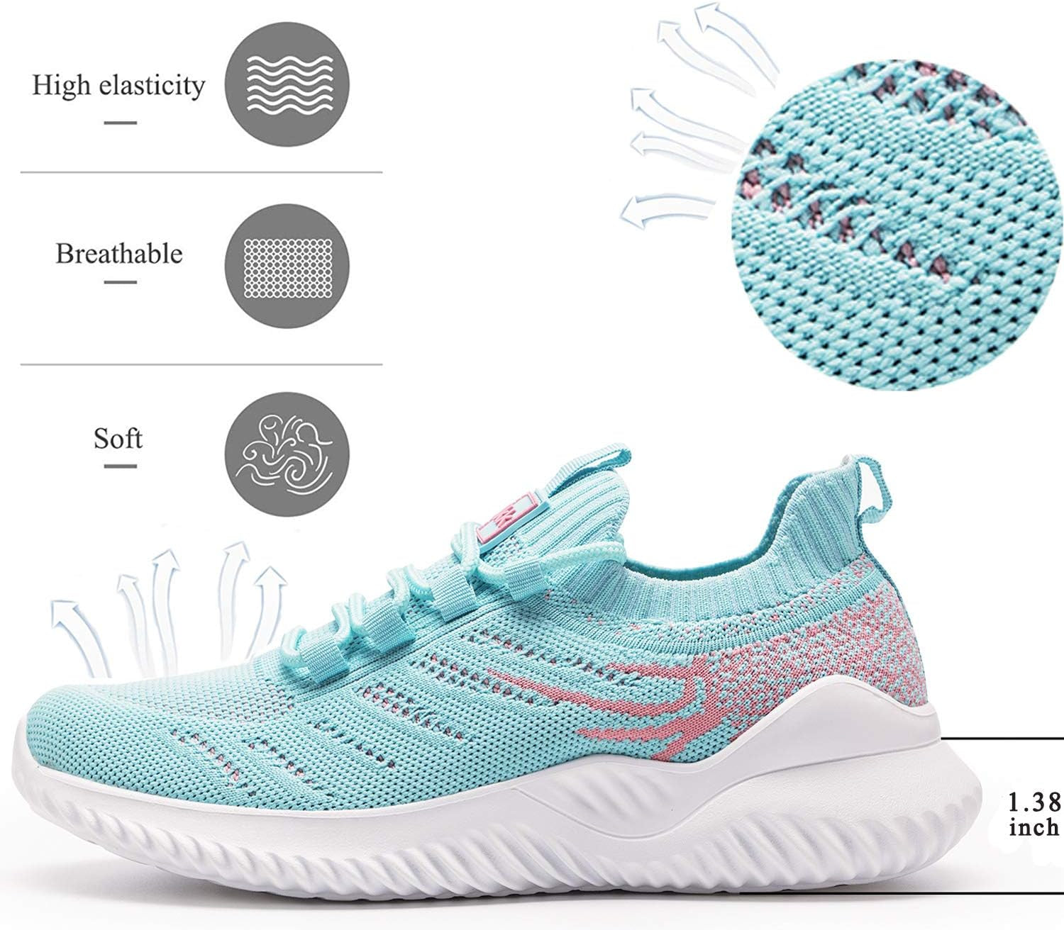 Womens Athletic Walking Shoes - Memory Foam Lightweight Tennis Sports Shoes Gym Jogging Slip on Running Sneakers Blue-Pink Size 5.5
