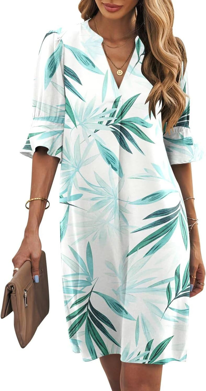 Shift Dress for Women V Neck Short Sleeves Solid Color Casual Flowy Summer Dresses(S-2Xl)