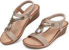 Womens Wedge Sandals Flower Low Heel Dressy Sandals Elastic Ankle Strap Rhinestone Summer Comfortable Shoe