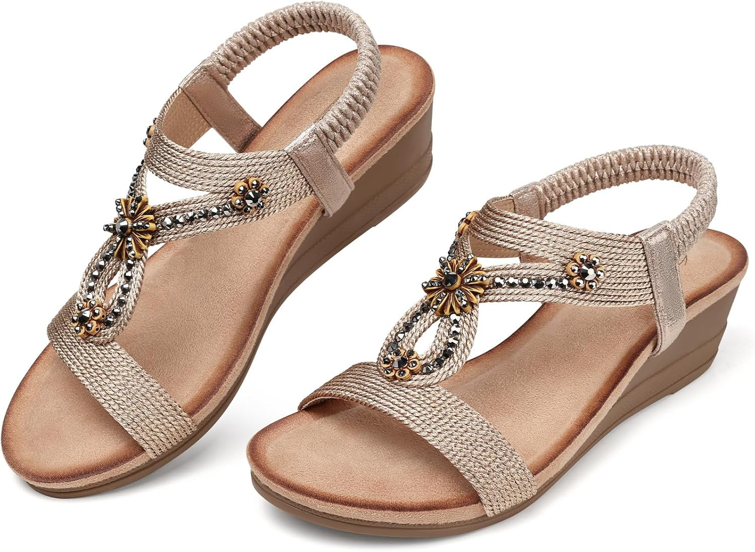 Womens Wedge Sandals Flower Low Heel Dressy Sandals Elastic Ankle Strap Rhinestone Summer Comfortable Shoe