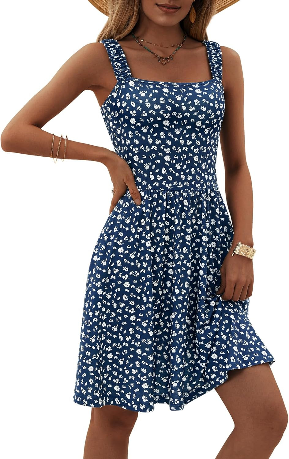 Women'S Summer Casual Square Neck Dress with Pocket Cute Sleeveless High Waist A-Line Sundress Midi Dresses