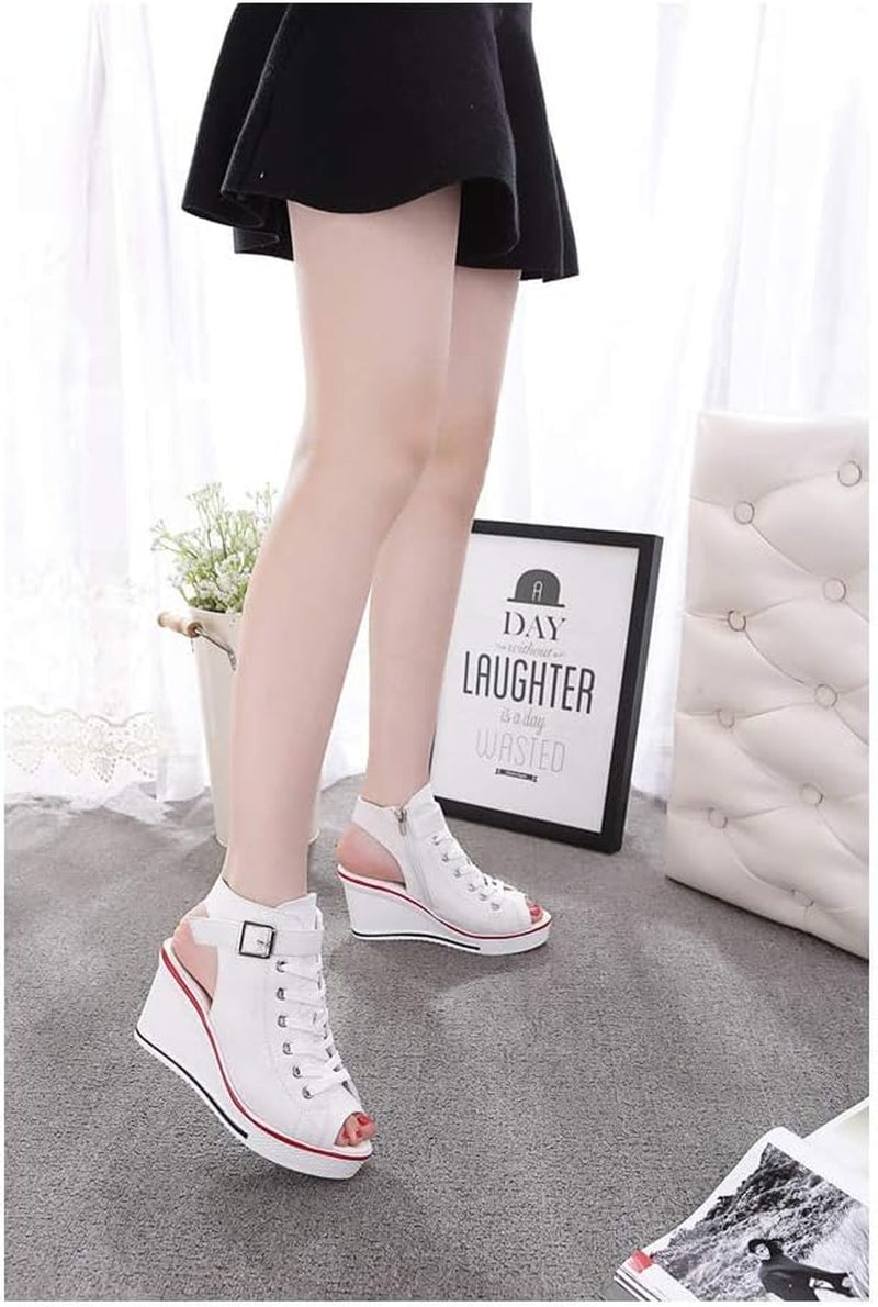 Women'S Peep Toe Canvas Wedge Heeled Platform Fashion Sneaker