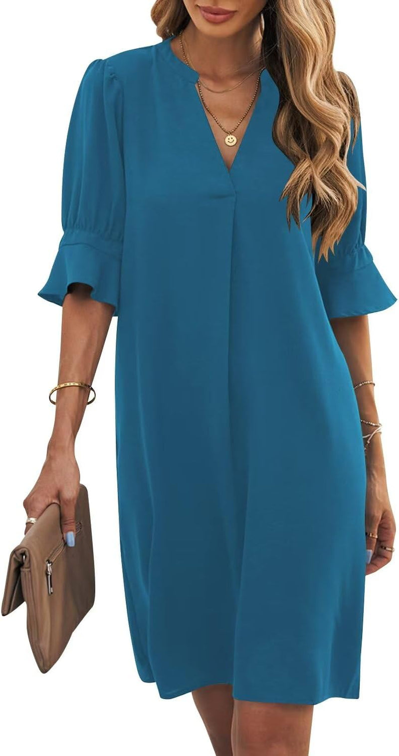 Shift Dress for Women V Neck Short Sleeves Solid Color Casual Flowy Summer Dresses(S-2Xl)