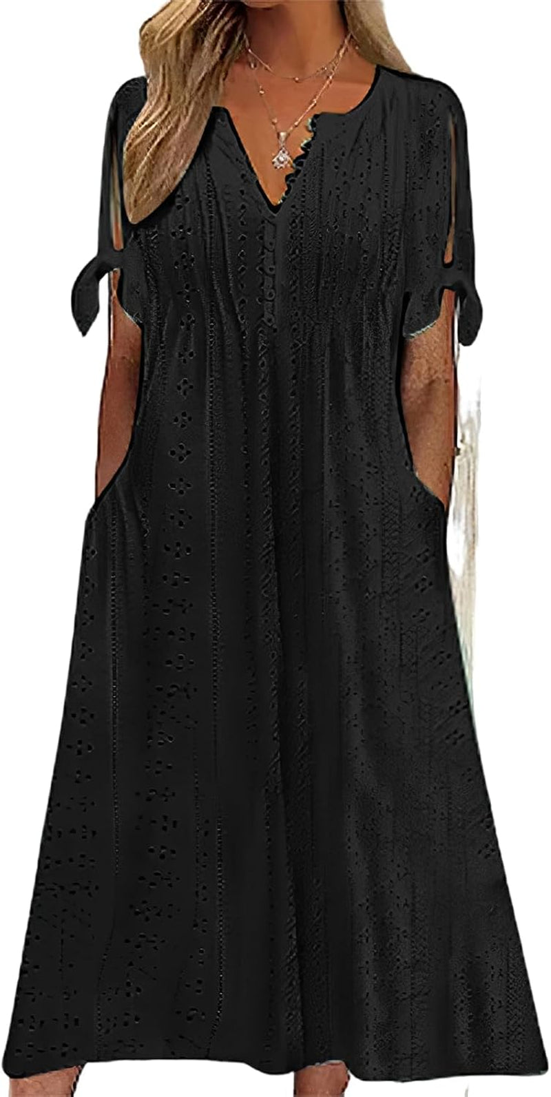 Womens Boho Eyelet Pastel Dress Button V Neck Tie Knot Short Sleeve Vacation Beach Midi Dresses with Pockets