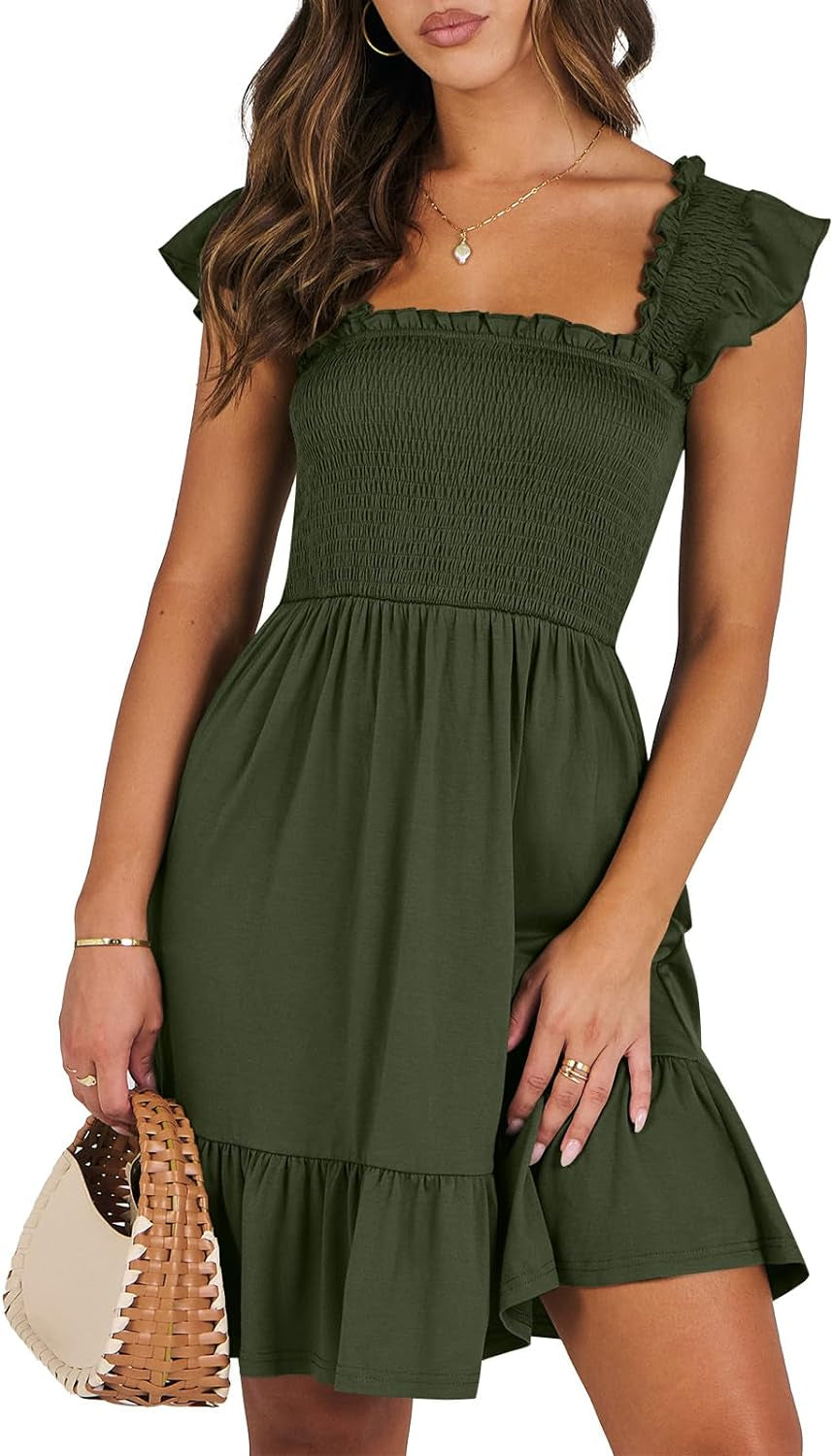 Women'S Summer Casual Sleeveless Square Neck Dress 2025 Smocked Ruffle Backless Boho Beach Cute Teen Short Sundress