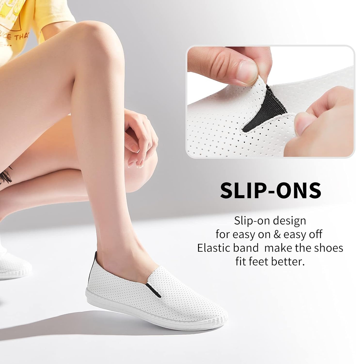 Womens White Slip on Sneakers Low Top Leather Casual Shoes Loafers for Women(White/Black,Us8)