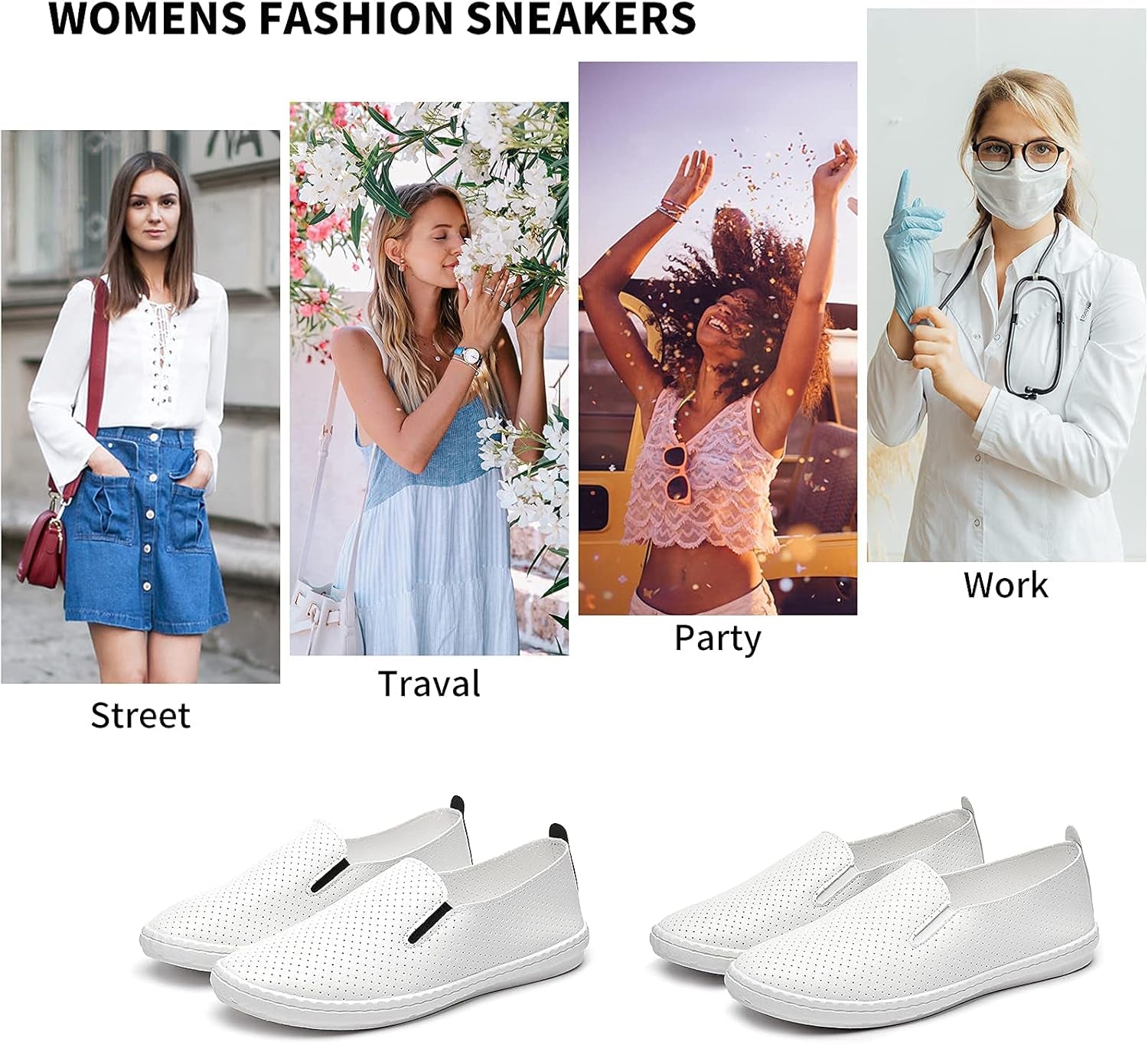 Womens White Slip on Sneakers Low Top Leather Casual Shoes Loafers for Women(White/Black,Us8)