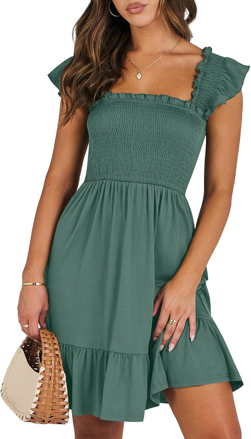Women'S Summer Casual Sleeveless Square Neck Dress 2025 Smocked Ruffle Backless Boho Beach Cute Teen Short Sundress
