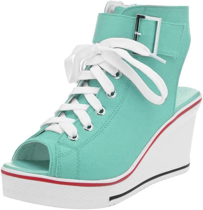 Women'S Peep Toe Canvas Wedge Heeled Platform Fashion Sneaker
