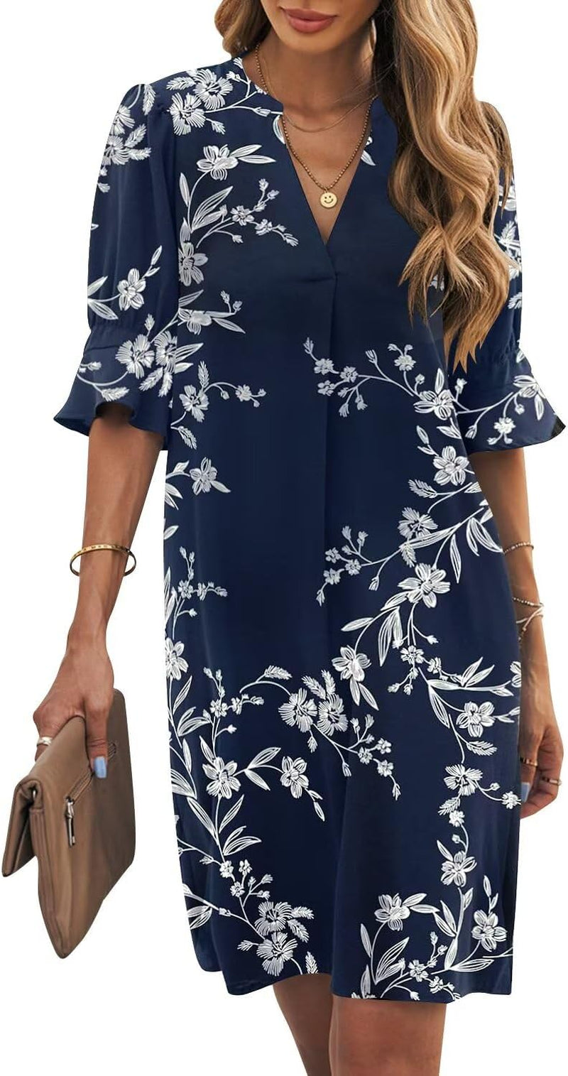 Shift Dress for Women V Neck Short Sleeves Solid Color Casual Flowy Summer Dresses(S-2Xl)