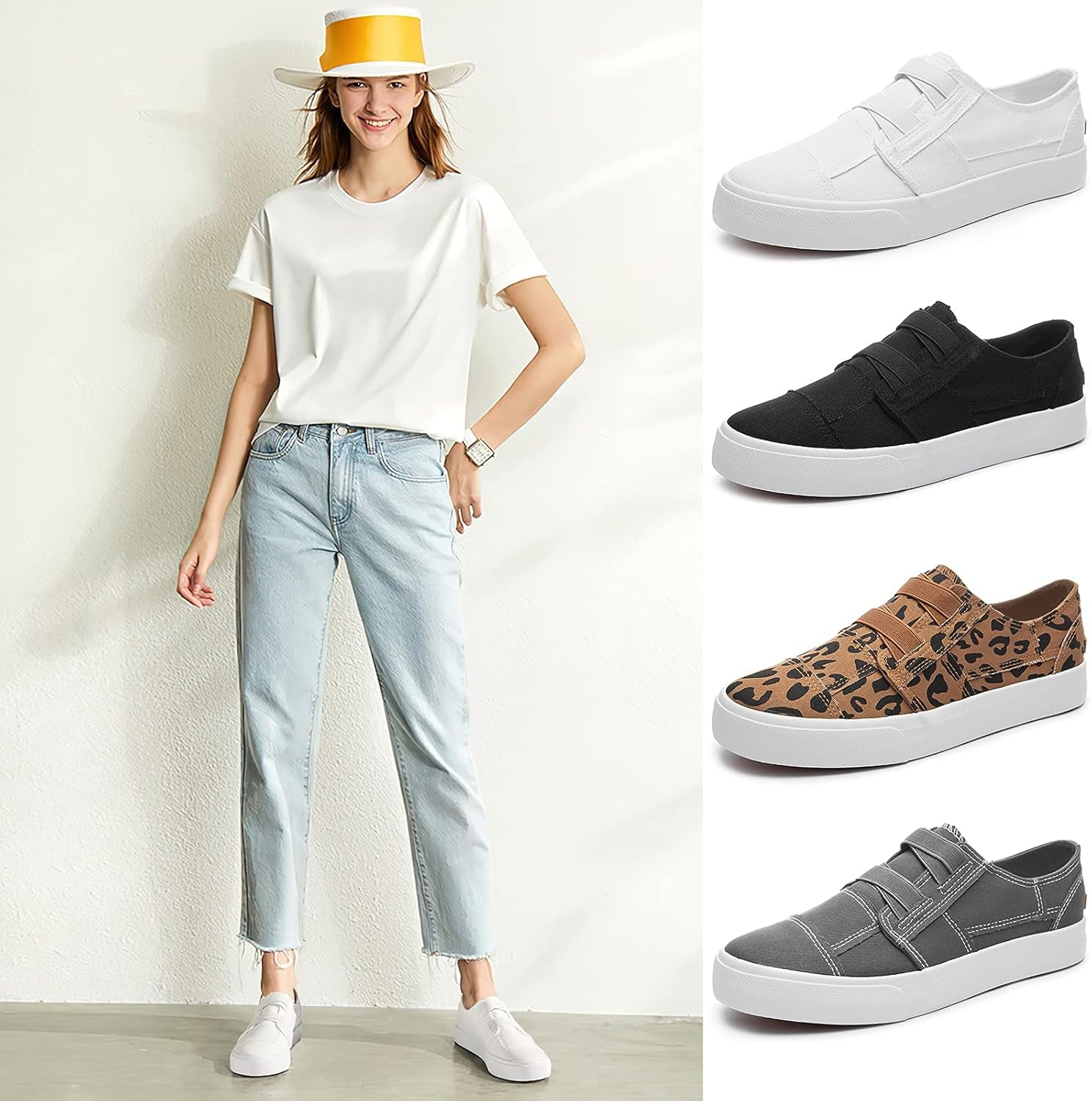 Womens Slip on Shoes Patchwork Canvas Fashion Sneakers Casual Tennis Shoes Walking Flat Shoes(White,Us11)
