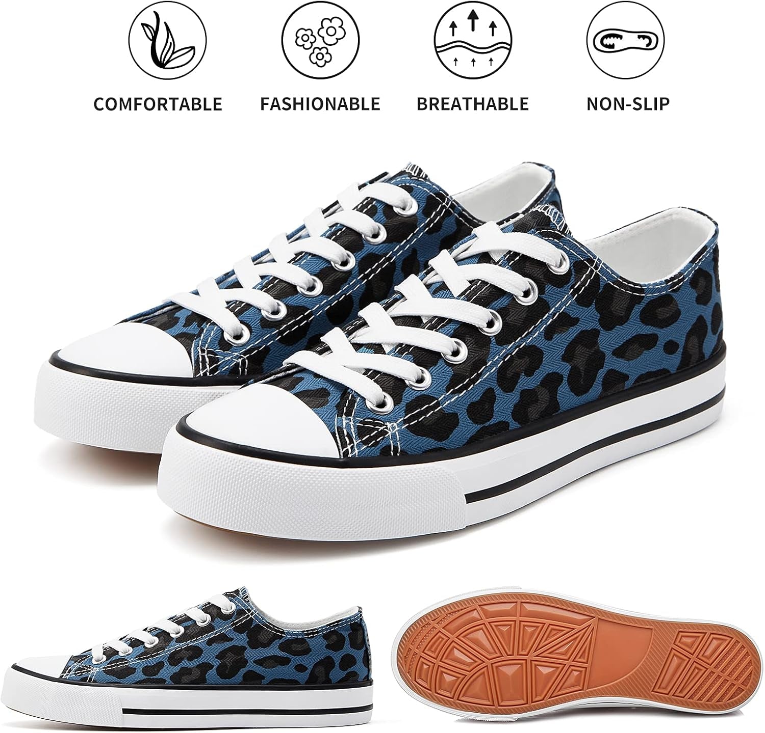 White Sneakers for Women Low Top Canvas Shoes Womens Canvas Sneakers Women'S Fashion Sneakers Slip on Casual Tennis Shoes（Blue Leopard.Us10）