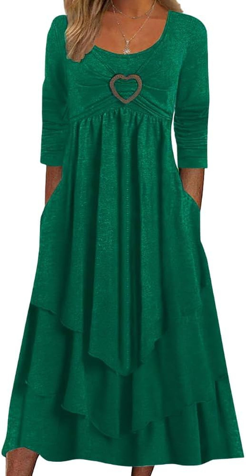 Womens Wedding Guest Maxi Dresses Spring Long Sleeve Flowy Dress Layered Irregular Hem Swing Dress with Pockets