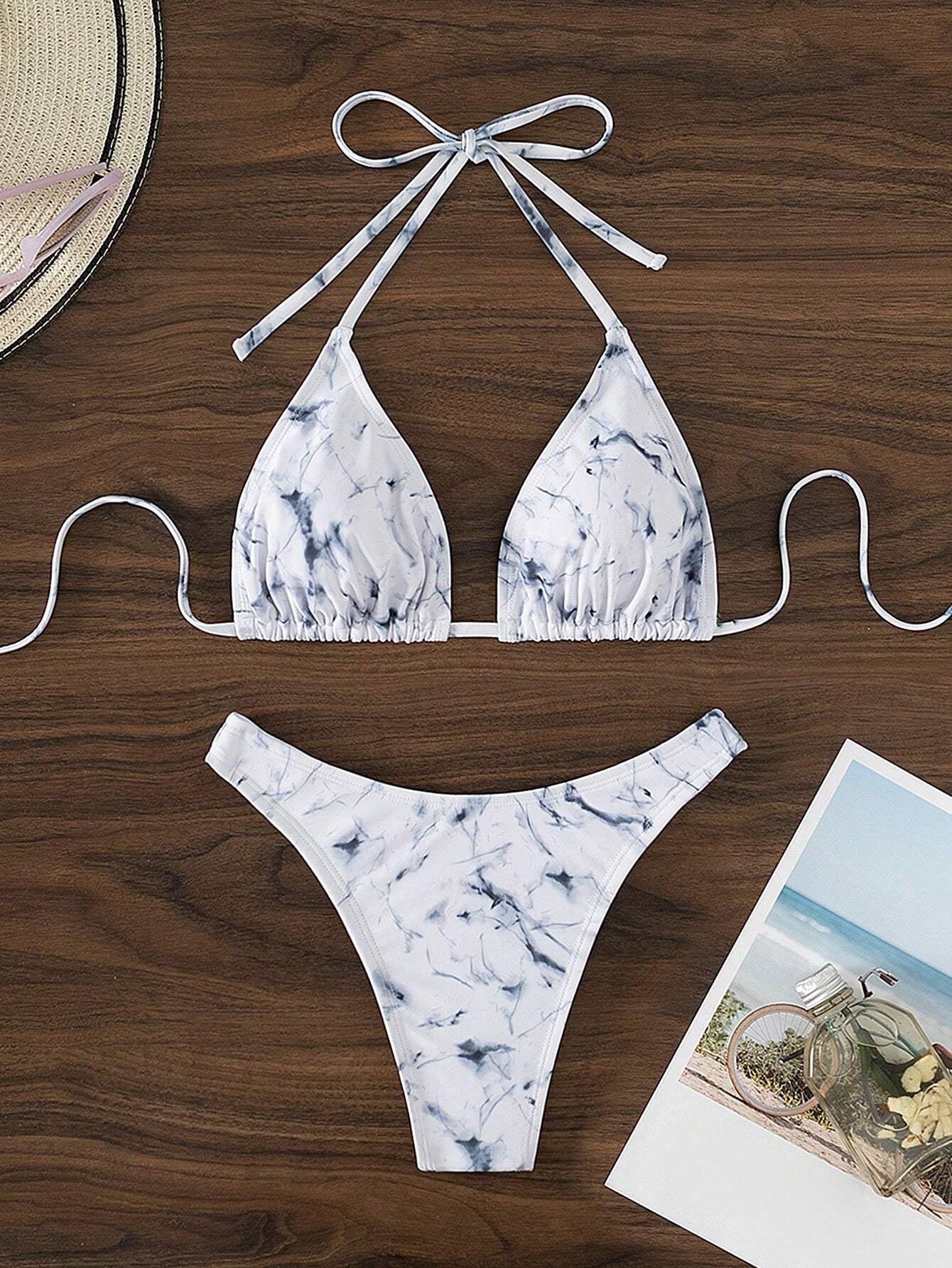 SHEIN Swim Summer Beach Marble Print Halter Triangle Bikini Set