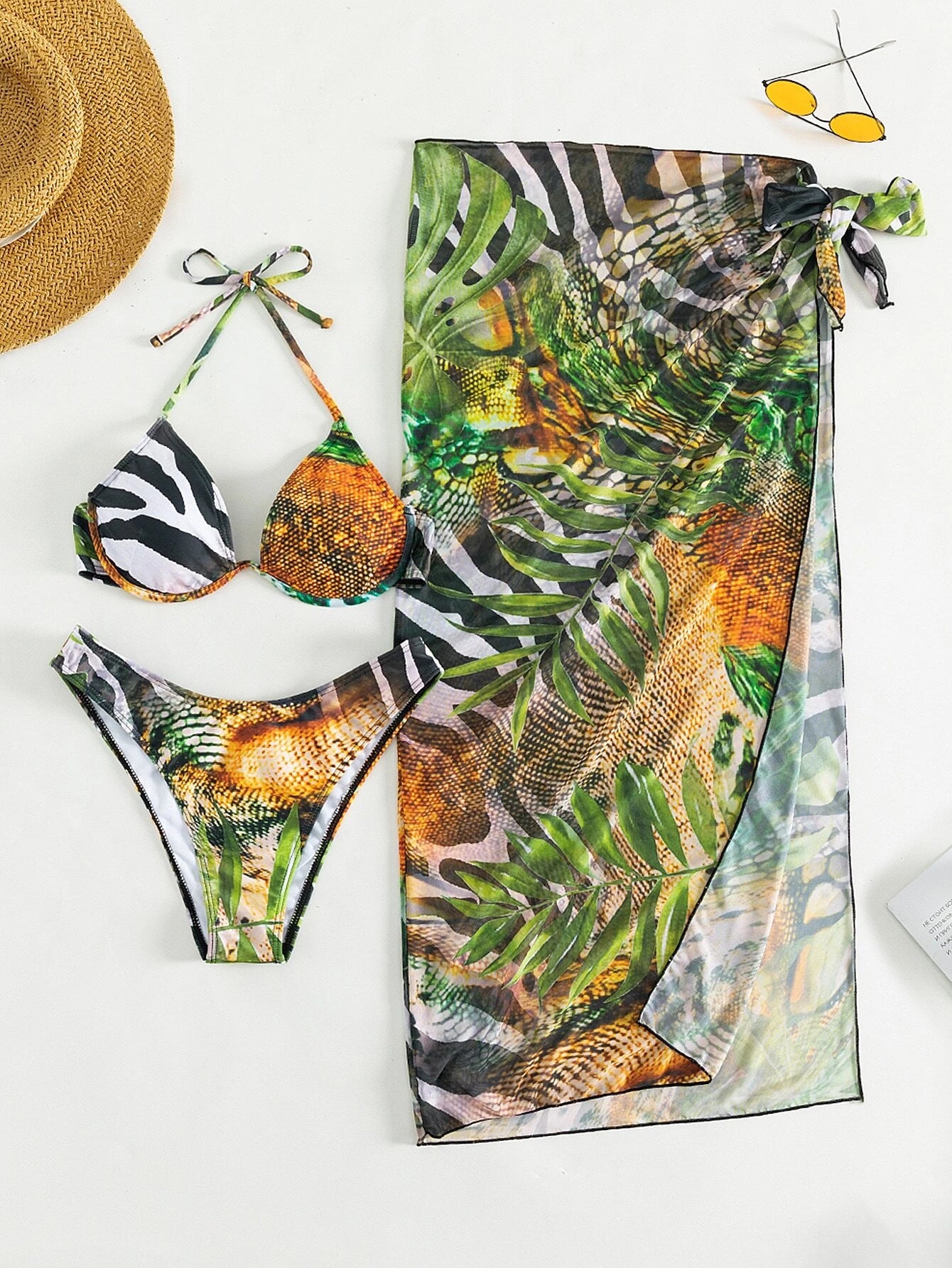 Swim SXY Summer Beach Tropical Print Push up Bikini Set with Beach Skirt