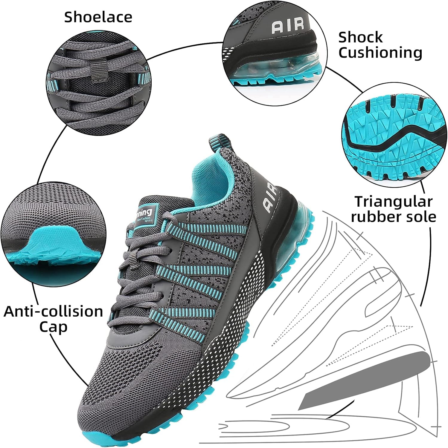 Women Running Shoes Air Cushion Shock Absorption Non Slip Sneakers Mesh Breathable Tennis Walking Shoes for Fitness Jogging Shopping Cyan 10.5