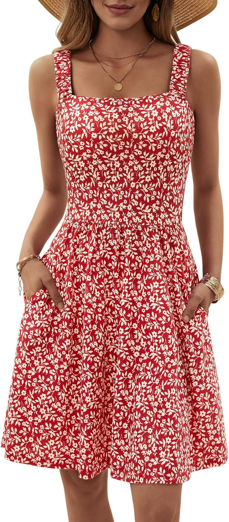 Women'S Summer Casual Square Neck Dress with Pocket Cute Sleeveless High Waist A-Line Sundress Midi Dresses
