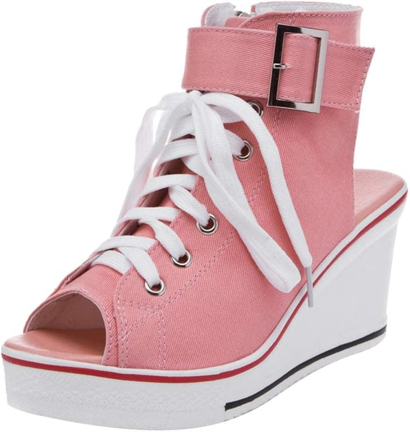 Women'S Peep Toe Canvas Wedge Heeled Platform Fashion Sneaker