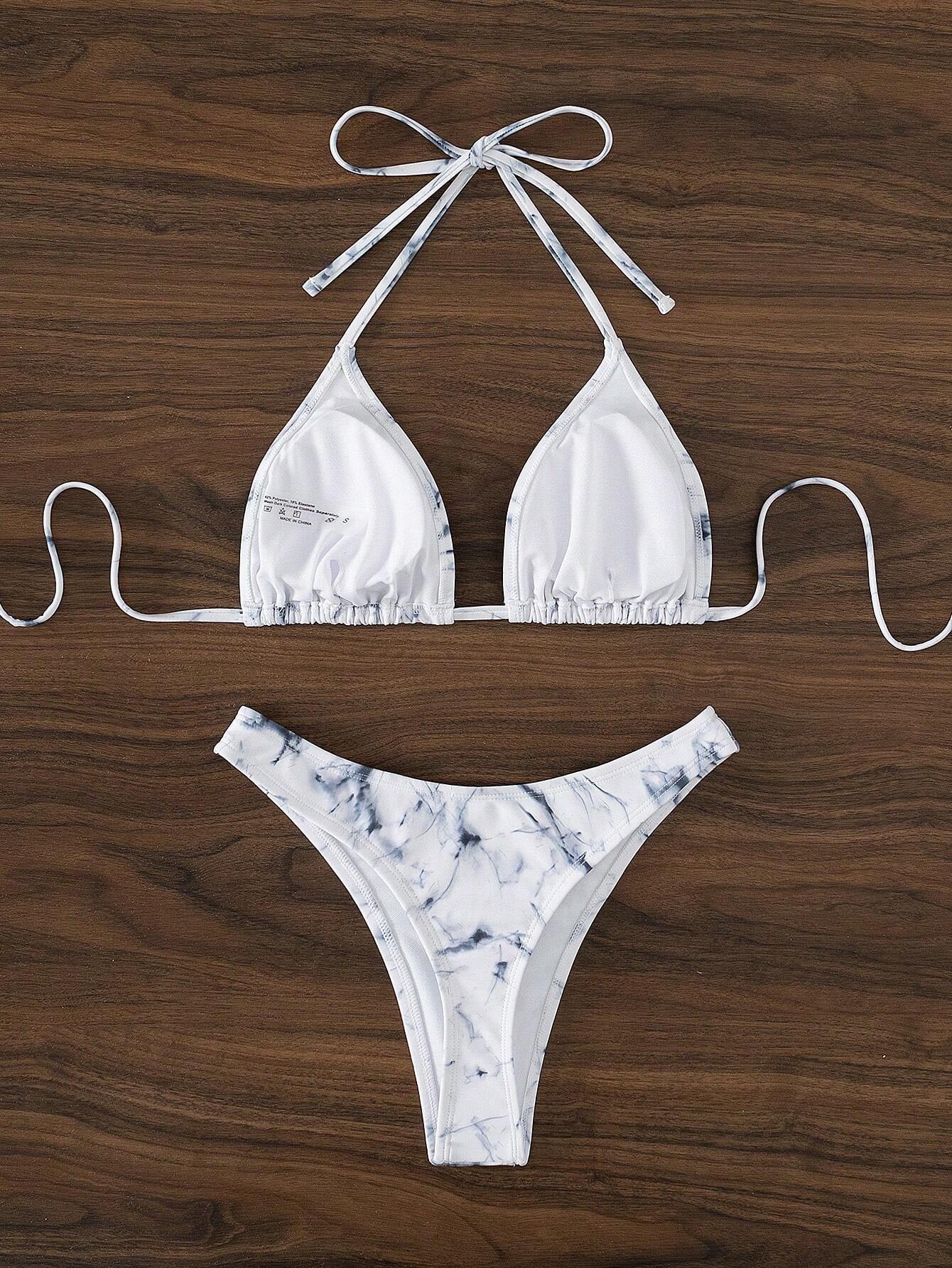 SHEIN Swim Summer Beach Marble Print Halter Triangle Bikini Set