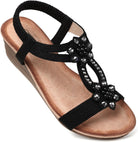 Womens Wedge Sandals Flower Low Heel Dressy Sandals Elastic Ankle Strap Rhinestone Summer Comfortable Shoe