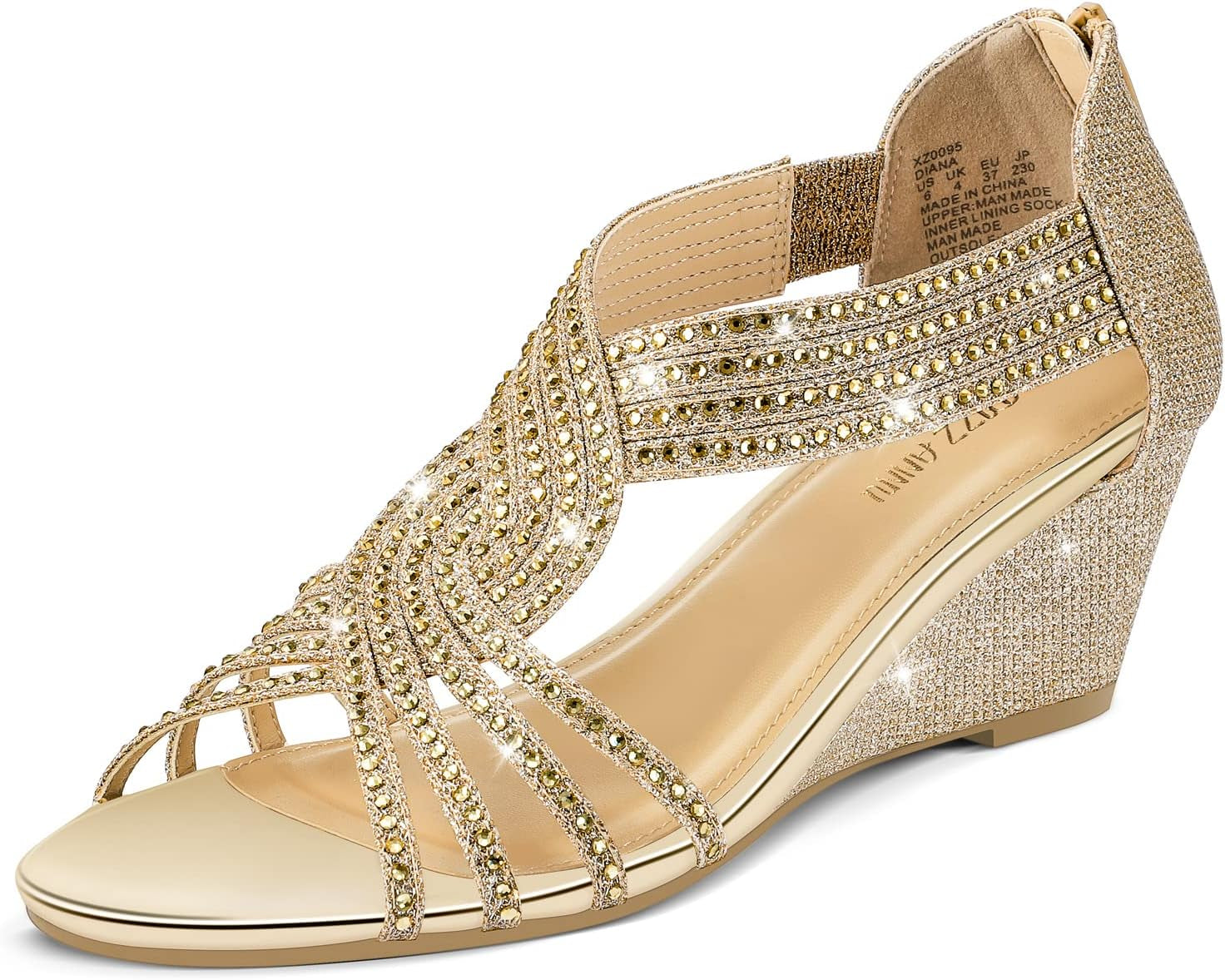 Women'S Diana Low Wedge Sandals Sparkly Rhinestone Open Toe Fashion Dress Shoes for Woman Lady in Bridal Dance Evening