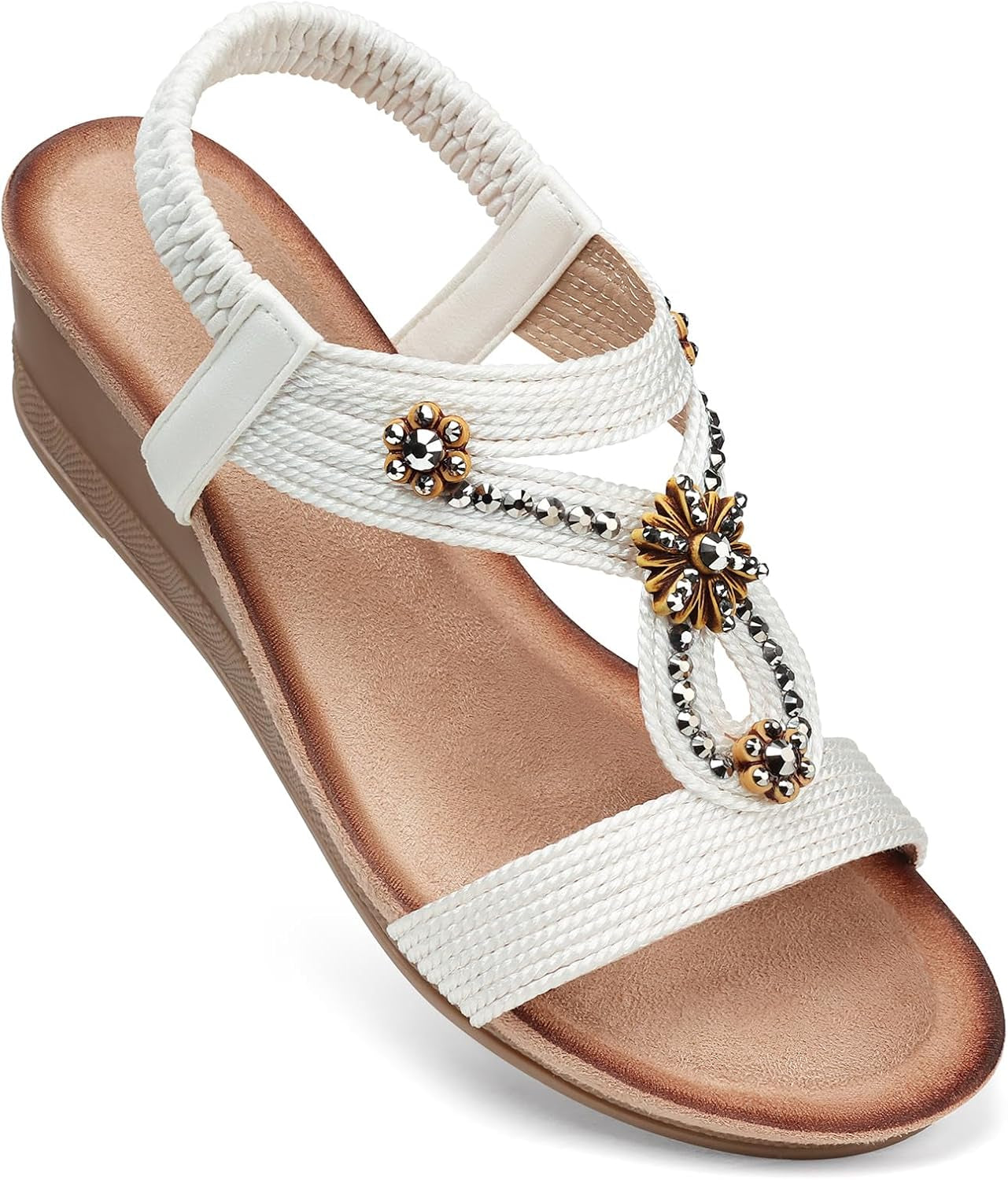 Womens Wedge Sandals Flower Low Heel Dressy Sandals Elastic Ankle Strap Rhinestone Summer Comfortable Shoe