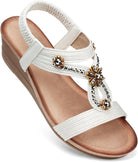 Womens Wedge Sandals Flower Low Heel Dressy Sandals Elastic Ankle Strap Rhinestone Summer Comfortable Shoe