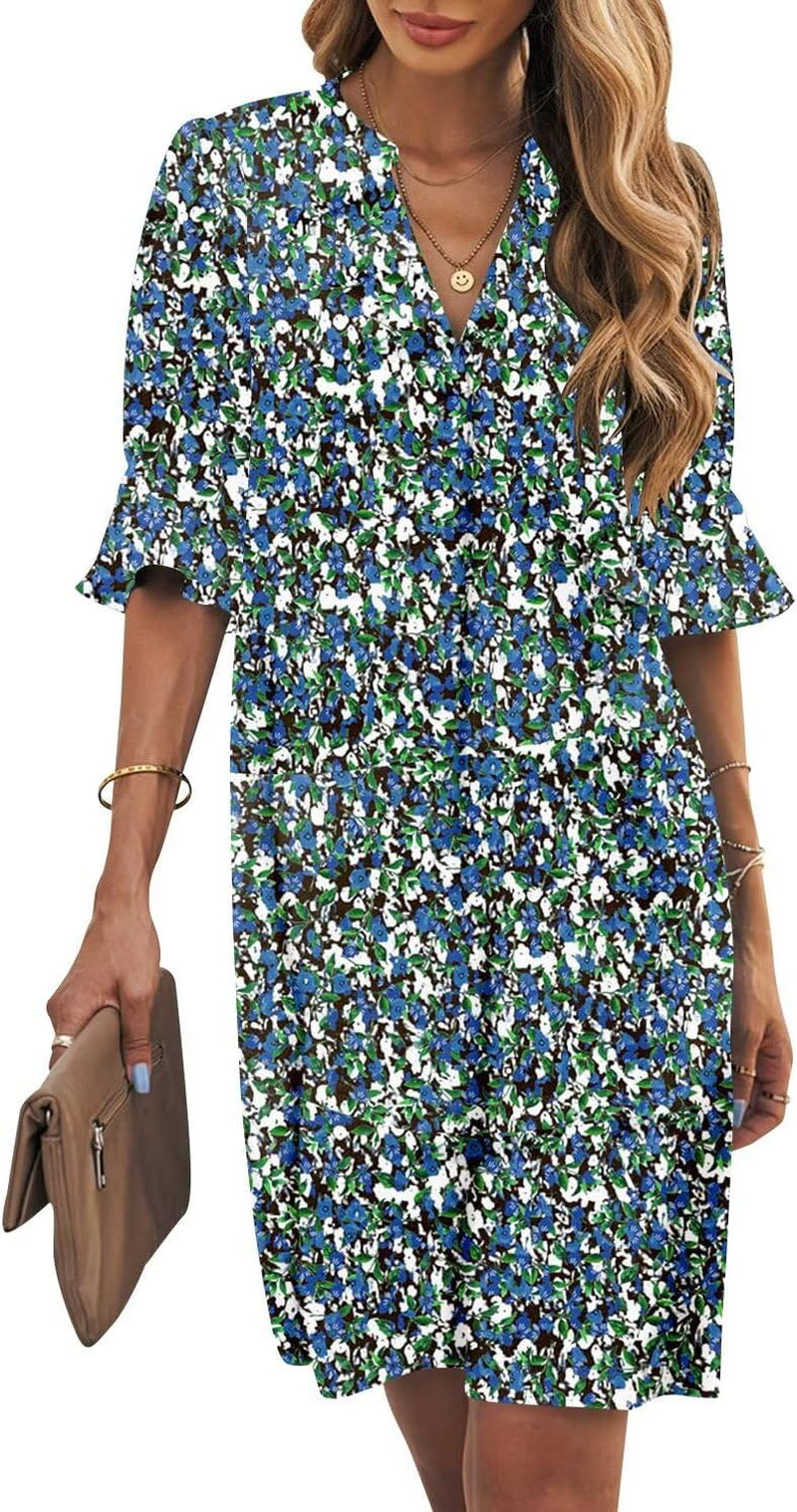 Shift Dress for Women V Neck Short Sleeves Solid Color Casual Flowy Summer Dresses(S-2Xl)
