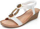 Womens Wedge Sandals Flower Low Heel Dressy Sandals Elastic Ankle Strap Rhinestone Summer Comfortable Shoe