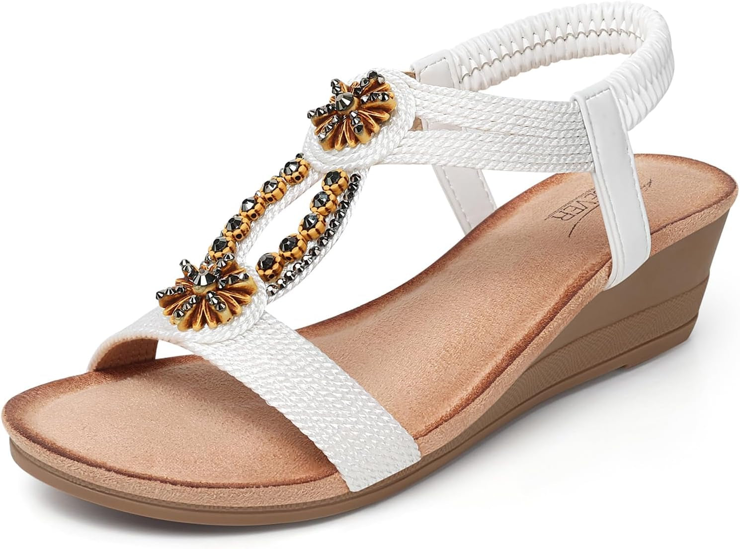 Womens Wedge Sandals Flower Low Heel Dressy Sandals Elastic Ankle Strap Rhinestone Summer Comfortable Shoe