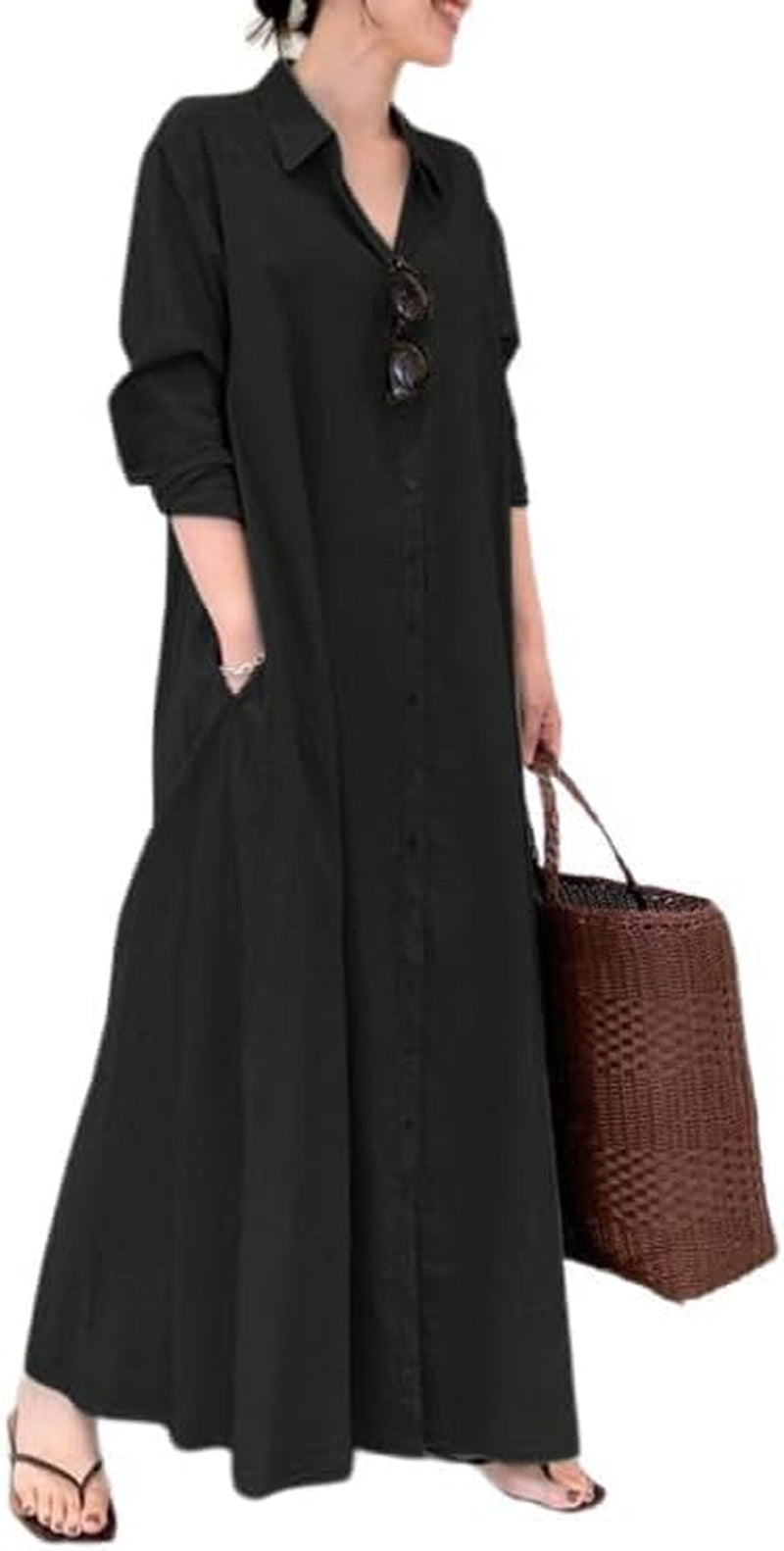 Womens Button down Cotton Linen Dress Long Sleeve Shirt Dress with Pockets