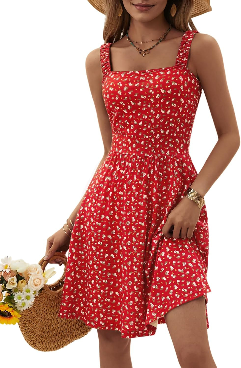 Women'S Summer Casual Square Neck Dress with Pocket Cute Sleeveless High Waist A-Line Sundress Midi Dresses