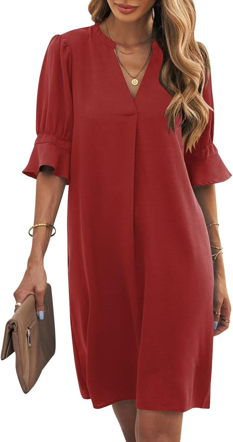 Shift Dress for Women V Neck Short Sleeves Solid Color Casual Flowy Summer Dresses(S-2Xl)