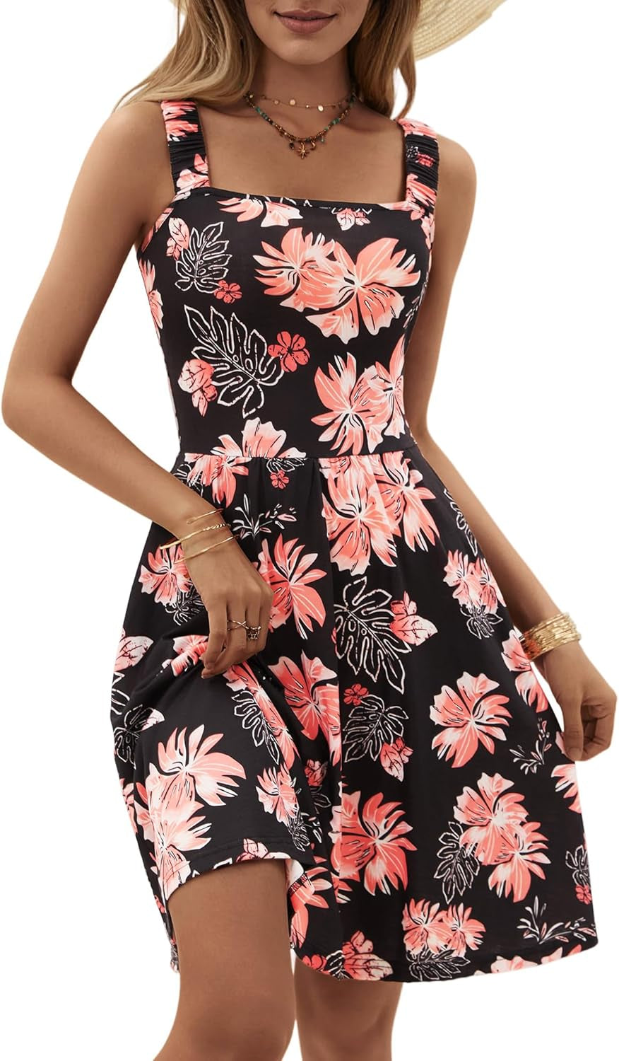 Women'S Summer Casual Square Neck Dress with Pocket Cute Sleeveless High Waist A-Line Sundress Midi Dresses