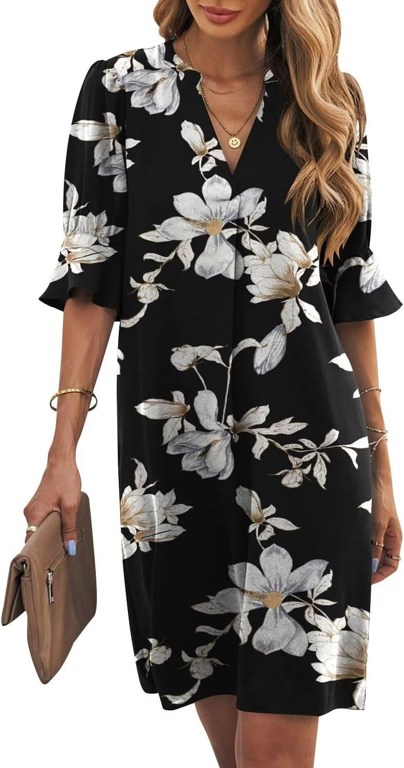 Shift Dress for Women V Neck Short Sleeves Solid Color Casual Flowy Summer Dresses(S-2Xl)