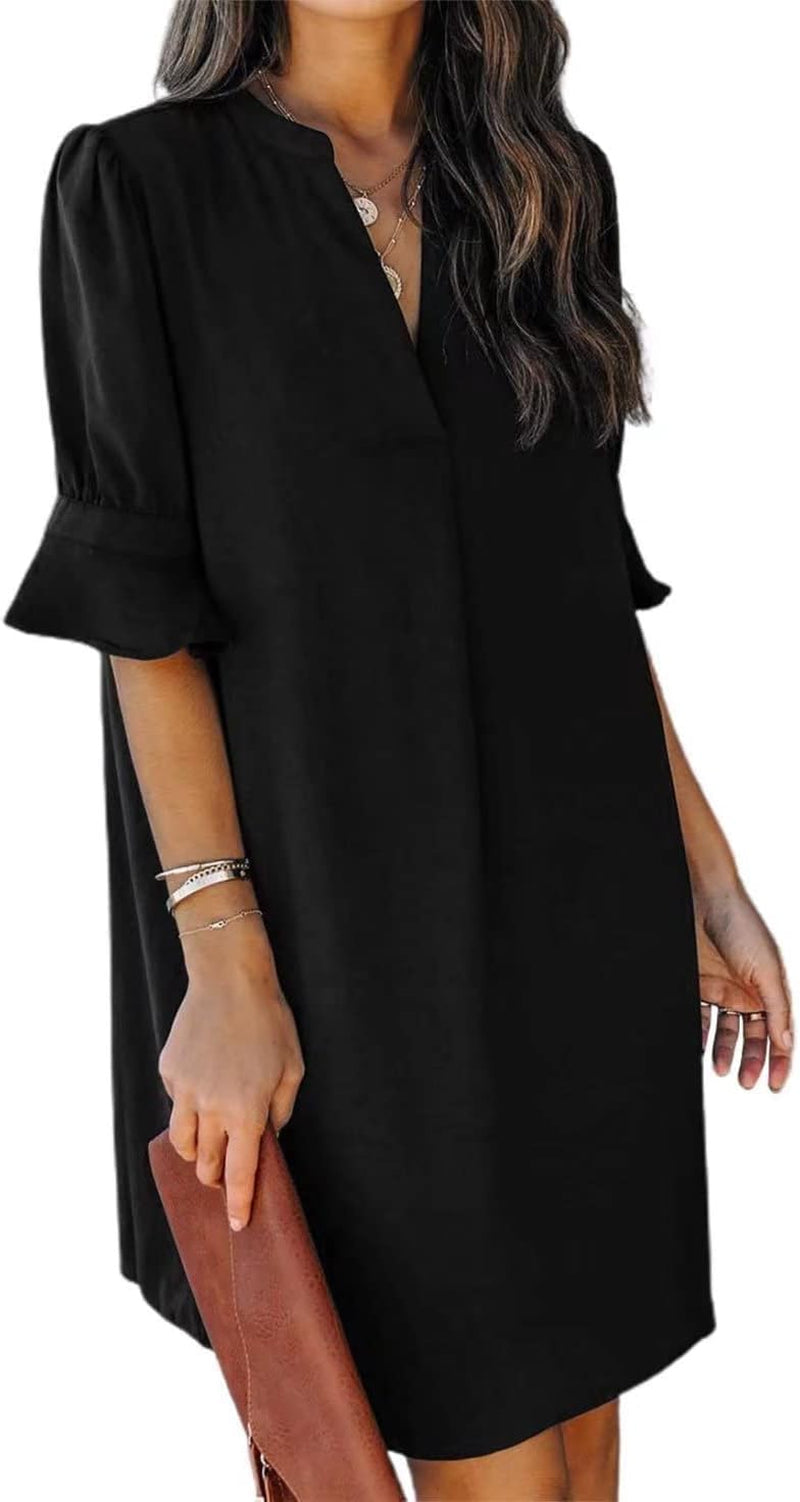 Shift Dress for Women V Neck Short Sleeves Solid Color Casual Flowy Summer Dresses(S-2Xl)