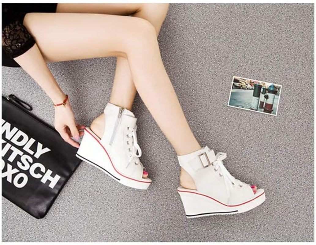 Women'S Peep Toe Canvas Wedge Heeled Platform Fashion Sneaker