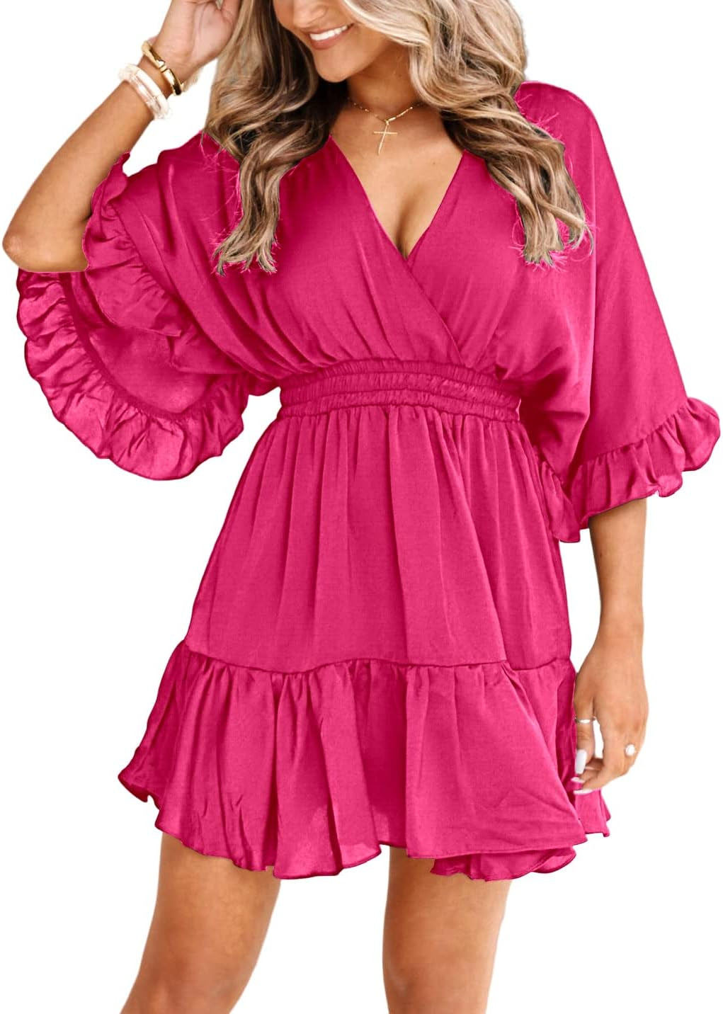 Womens V Neck Casual Dresses Summer Loose High Waist Ruffle Pleated Cute Mini Short Dress