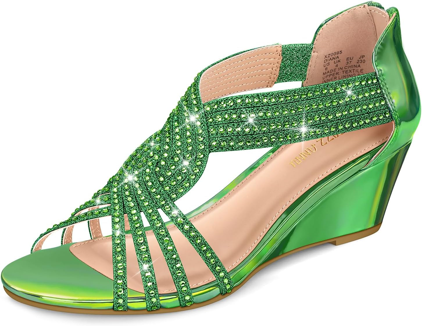 Women'S Diana Low Wedge Sandals Sparkly Rhinestone Open Toe Fashion Dress Shoes for Woman Lady in Bridal Dance Evening