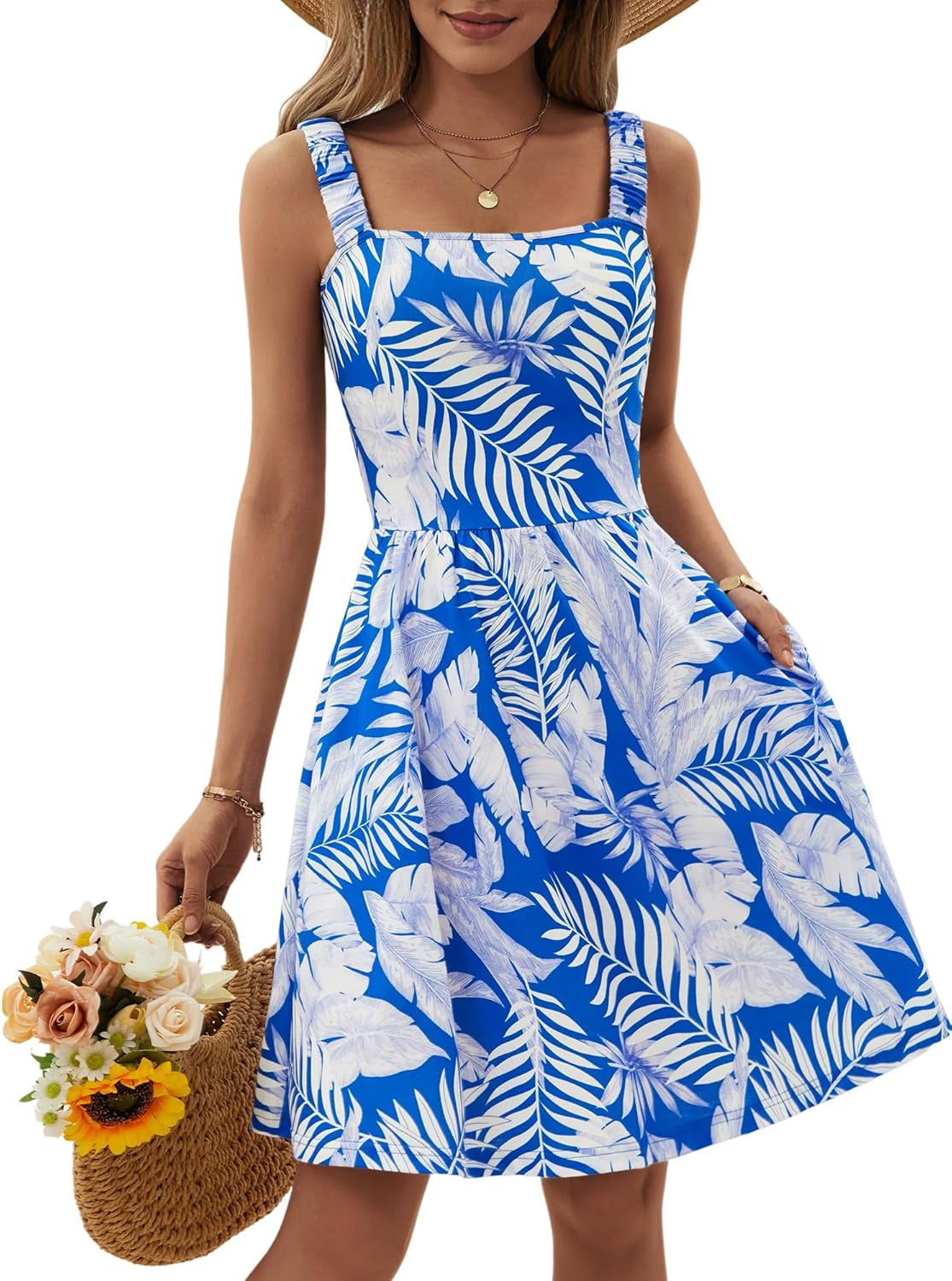 Women'S Summer Casual Square Neck Dress with Pocket Cute Sleeveless High Waist A-Line Sundress Midi Dresses